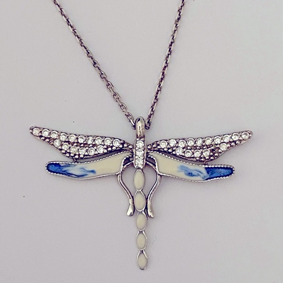 Jewelry - Silver dragonfly necklace blue enamel cz stones